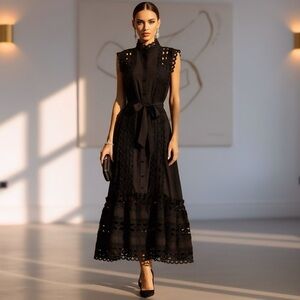 Elegant Black Lace Eyelet Cotton Maxi Dress